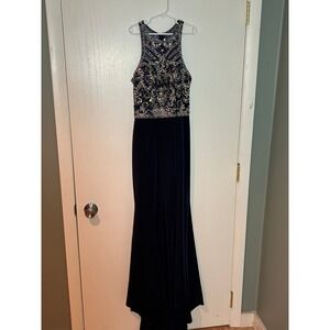 Studio 17 Elegant Navy Blue Beaded‎ Embellished Formal Gown Evening Prom Dress 0